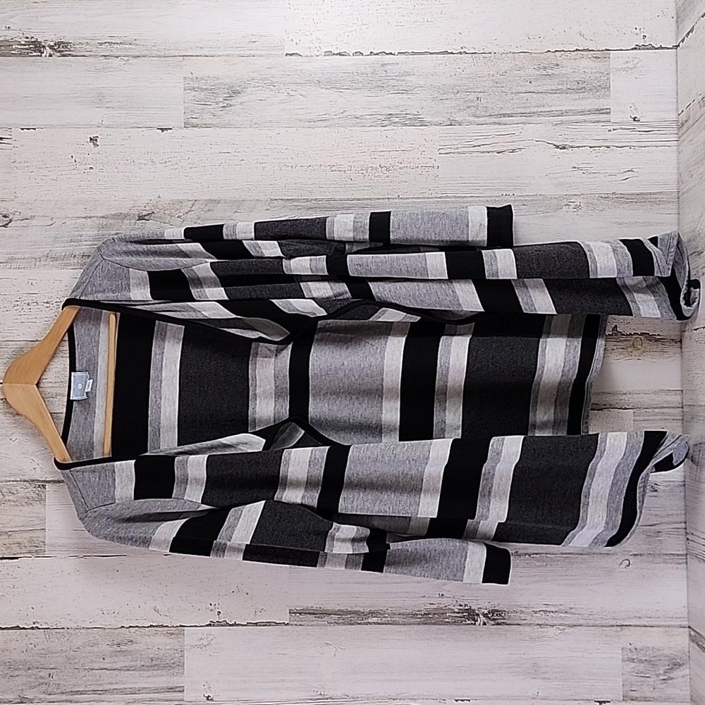 Sunday black multi gray striped waterfall open cardigan trimmed black Size 1X